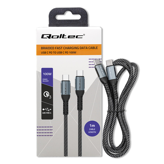 Qoltec Kabel USB 2.0 typ C |  USB 2.0 typ C 100W | QC 3.0 |  PD | 1m | Czarny