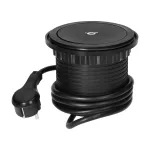 Gniazdo meblowe Ø10cm wysuwane z blatu z ładowarką indukcyjną, ładowarką USB i przewodem 1,5m, 3x2P+Z (Schuko), Qi 1.2.4 max. 10W, 2xUSB QC 3.0