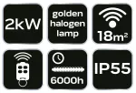 Promiennik 2000W, IP55, element grzejny golden halogen lamp, pilot, regulacja mocy 2 poziomy