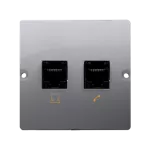 SIMON BASIC WMUM-0500F2-J011 Gniazdo komputerowe RJ45 kat.5e + telefoniczne RJ11 (moduł). Montaż gniazda na wkręty do puszki; stal inox