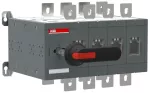 OT800E04CP Przełącznik (I-0-II) 800A, 4P, napęd z przodu, z wałkiem i czarną rączką IP65, montaż na płycie montażowej, zestaw śrub