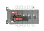 OT400E04CFP Przełącznik (I-0-II) 400A, 4P, przełączanie szybkie, napęd z przodu, z wałkiem i czarną rączką IP65, montaż na płycie
