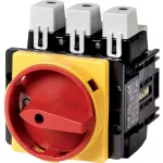 P5-125/EA/SVB/HI10 Rozłącznik główny, 3 bieg.+1NO, 125 A, funkcja awaryjnego zatrzymania, blok. na kłódkę w pozycji Wył., montaż natablicowy, pokrętło czerwono-żółte z blokadą na kłódkę