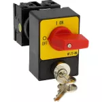 T0-2-1/E/SVA(S)-RT Rozłączniki panikowe, 3 bieg., 20 A, zamek cylindryczny SVA, tabliczka 0-1, 90 °, bez samopowrotu, P, montaż natablicowy, pokrętło czerwono-żółte z zamkiem cylindrycznym
