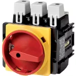 P5-250/EA/SVB/HI10 Rozłącznik główny, 3 bieg.+1NO, 250 A, funkcja awaryjnego zatrzymania, blok. na kłódkę w pozycji Wył., montaż natablicowy, pokrętło czerwono-żółte z blokadą na kłódkę