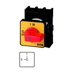 P1-32/E-RT Przełącznik Zał.-Wył., 3 bieg., 32 A, funkcja awaryjnego zatrzymania, montaż natablicowy, pokrętło czerwono-żółte bez możliwości blokady