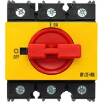 P3-63/IVS-RT Przełącznik Zał.-Wył., 3 bieg., 63 A, funkcja awaryjnego zatrzymania, blok. na kłódkę w pozycji Wył., montaż na szynę TH, pokrętło czerwono-żółte bez możliwości blokady