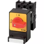 P1-25/E/SVC(S)-RT Rozłączniki panikowe, 3 bieg., 25 A, z zamknięciem na kłódkę SVC, tabliczka 0-1, 90 °, bez samopowrotu, montaż natablicowy, pokrętło czerwono-żółte z zamknięciem na kłódkę