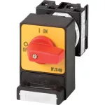 T0-2-1/E/SVC(S)-RT Rozłączniki panikowe, 3 bieg., 20 A, z zamknięciem na kłódkę SVC, tabliczka 0-1, 90 °, bez samopowrotu, P, montaż natablicowy, pokrętło czerwono-żółte z zamknięciem na kłódkę