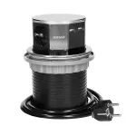 Gniazdo meblowe Ø10cm wysuwane z blatu z ładowarką USB i przewodem 1,5m, 3x2P+Z (Schuko), 2xUSB (typ A, 2,1A), INOX