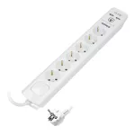 Listwa przeciwprzepięciowa, 6 gniazd 2P+Z (Schuko), kabel 3x1,5mm2, długość 3m, z wyłącznikiem podświetlanym dwutorowym. 16A/230 VAC, ochronnik przeciwprzepięciowy typ 3: Uoc: 4kV (L-N, L/NPE); Up: 2,2kV (L-N,L/N-PE); 375J, ładowarka 2xUSB 2,1A