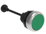 Plastikowy przycisk Ø22mm serii Platinum, kryty, samoczynny powrót, do kasowania mechanicznego, regulowana długość trzpienia od 0 do 150mm. Zielony