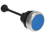 Plastikowy przycisk Ø22mm serii Platinum, kryty, samoczynny powrót, do kasowania mechanicznego, regulowana długość trzpienia od 0 do 150mm. Niebieski