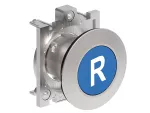 Metalowy przycisk płaski Ø30mm serii Platinum, kryty, samoczynny powrót, z symbolem, R / . Niebieski