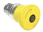 Metalowy przycisk podświetlany Ø22mm serii Platinum, grzybkowy, blokowany, odblokowanie przez obrót, Ø40mm. Do normalnego zatrzymania. Żółty