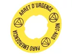 Plastikowy dysk do przycisków grzybkowych, zewnętrzne fi 60mm, ARRET D'URGENCE/NOT-AUS/PARO EMERGENCIA
