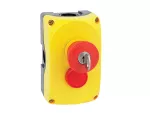 Żółta obudowa LPZP2A5 z przyciskiem grzybkowym LPCB6844, odblokowanie kluczem, 1NO+1NC i czerwona lampka 24V