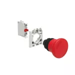 ZESTAW: Przycisk grzybkowy, plastikowy, z blokadą, odblokowanie przez obrót, Ø40mm, do normalnego zatrzymania, czerwony. Adapter montażowy. Zestyki 1NC, zaciski śrubowe.