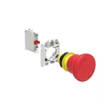 ZESTAW: Przycisk grzybkowy, plastikowy, z blokadą, odblokowanie przez obrót, Ø40mm, do awaryjnego zatrzymania wg ISO 13850, czerwony. Adapter montażowy. Zestyki 1NC, zaciski śrubowe.
