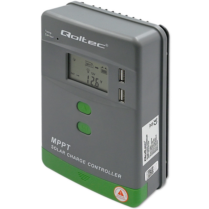 Qoltec Solarny regulator ładowania MPPT z czujnikiem temperatury 20A |12V / 24V | LCD | 2 x USB