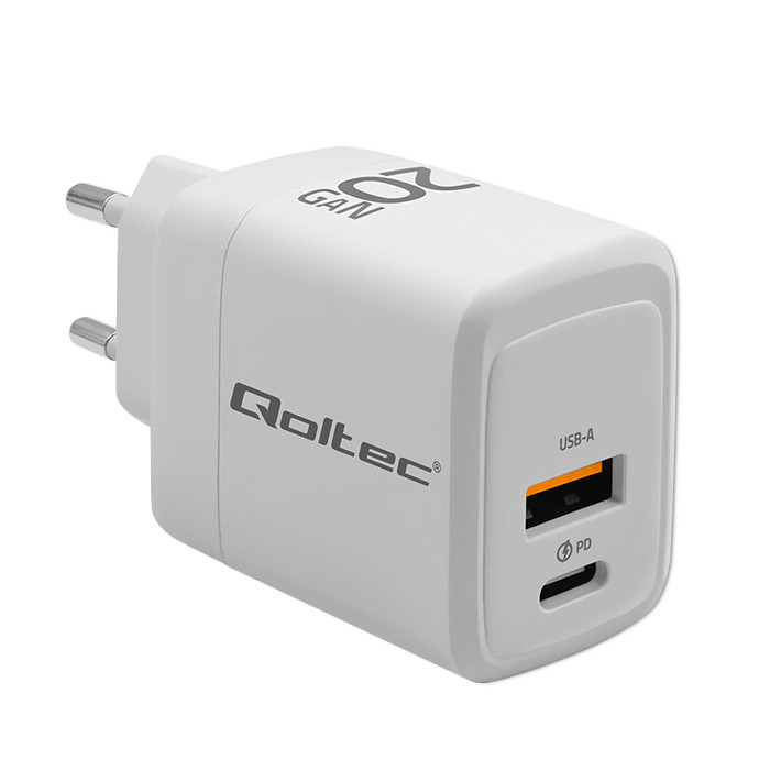 Qoltec Ładowarka sieciowa 20W GaN  | 5-20V | 1.5-3A | 1 x USB-C PD | 1 x USB QC 3.0 | Biała