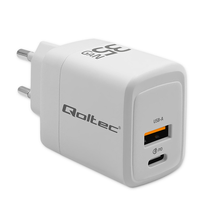 Qoltec Ładowarka sieciowa 35W GaN  | 5-20V | 1.5-3A | 1 x USB-C PD | 1 x USB QC 3.0 | Biała