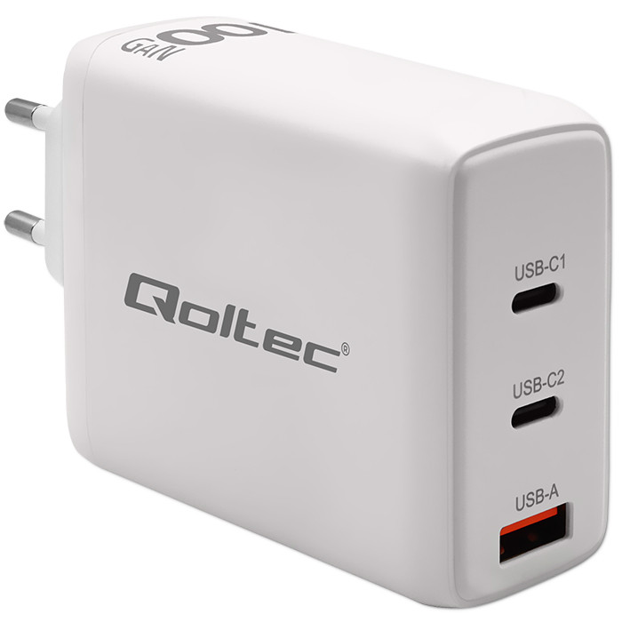 Qoltec Ładowarka sieciowa 100W GaN  | 5-20V | 1.5-5A | 2 x USB-C PD | 1 x USB QC 3.0 | Biała