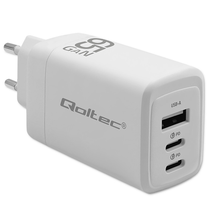 Qoltec Ładowarka sieciowa 65W GaN  | 5-20V | 3-3.35A | 2 x USB-C PD | 1 x USB QC 3.0 | Biała