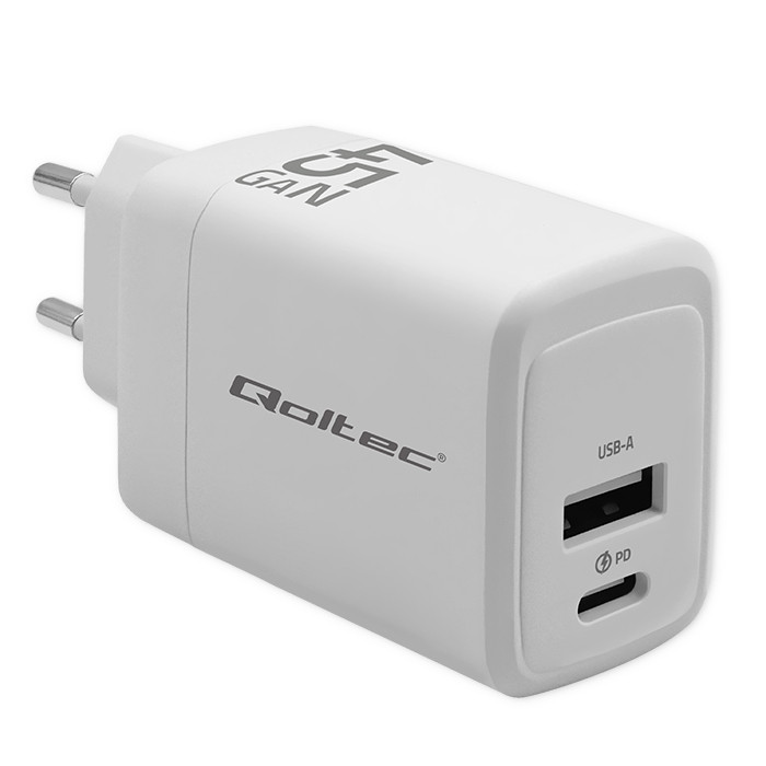 Qoltec Ładowarka sieciowa 45W GaN  | 5-20V | 1.5-3A | 1 x USB-C PD | 1 x USB QC 3.0 | Biała