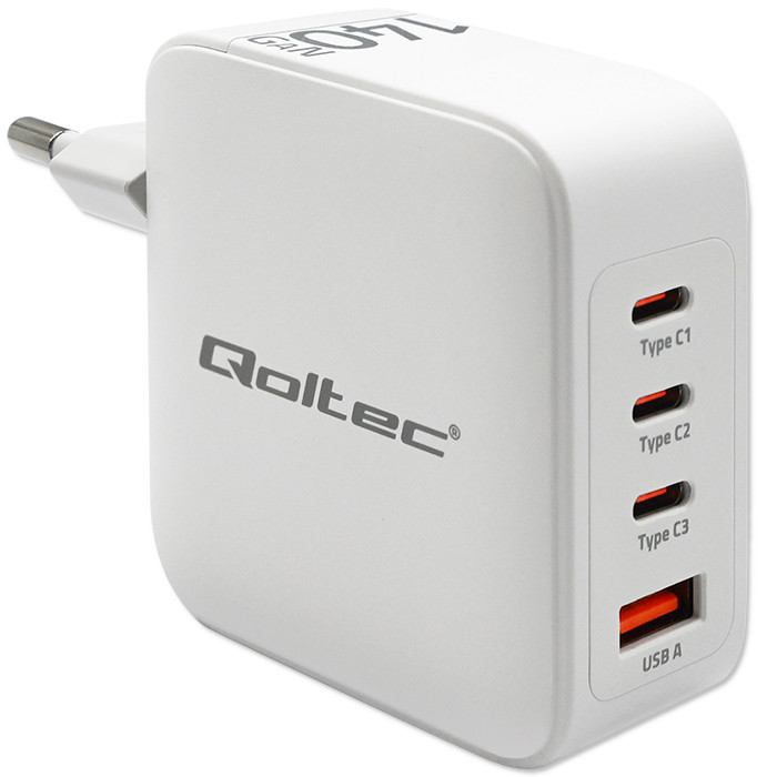 Qoltec Ładowarka sieciowa 140W GaN  | 5-20V | 2.5-5A | 3 x USB-C PD | 1 x USB QC 3.0 | Biała