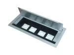 Box blatowy 8M" – puszka blatowa do montażu gniazd standardu 22,5x45 mm ( 45x45 mm); uchylna dwustronnie, mediaport, pojemność 4x2M, materiał: aluminium, lakierowane kolor srebrny metalik, wym. 340X150x118 mm, w komplecie ze zintegrowaną puszką