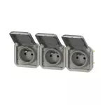 NOWE PLEXO - GNIAZDO 3X2P+Z POZIOME KOMPLET MECHANIZM 16 A - 250 V~ SZARE