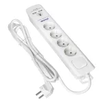 Listwa przeciwprzepięciowa, 4 gniazda 2P+Z (Schuko), kabel 3x1,5mm2, 3m, z wyłącznikiem podświetlanym dwutorowym. 16A/230 VAC, ochronnik przeciwprzepięciowy typ 3: Uoc: 4kV (L-N, L/NPE); Up: 2,2kV (L-N,L/N-PE); 375J, ładowarka 2xUSB 2,1A