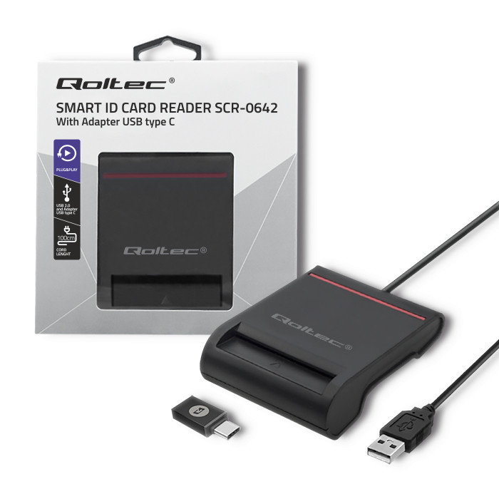 Qoltec Inteligentny czytnik  chipowych kart ID SCR-0642 | USB 2.0 + Adapter USB-C