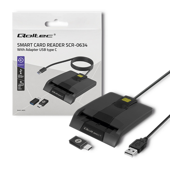 Qoltec Inteligentny czytnik chipowych kart ID SCR-0634 | USB 2.0 + Adapter USB-C