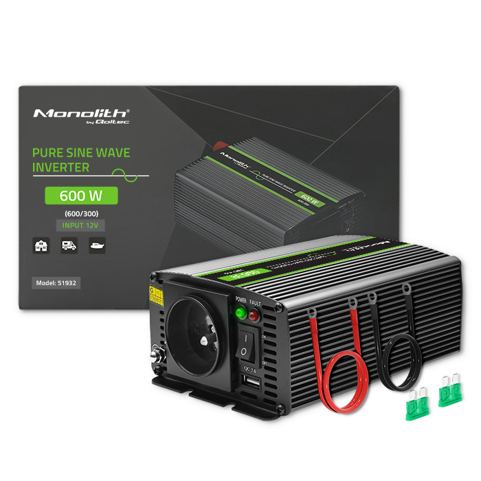 Qoltec Przetwornica napięcia Monolith | 300W | 600W | 12V na 230V | Czysty Sinus